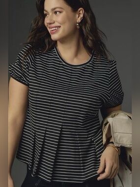 Maeve Black and White Striped Short Sleeve Tee